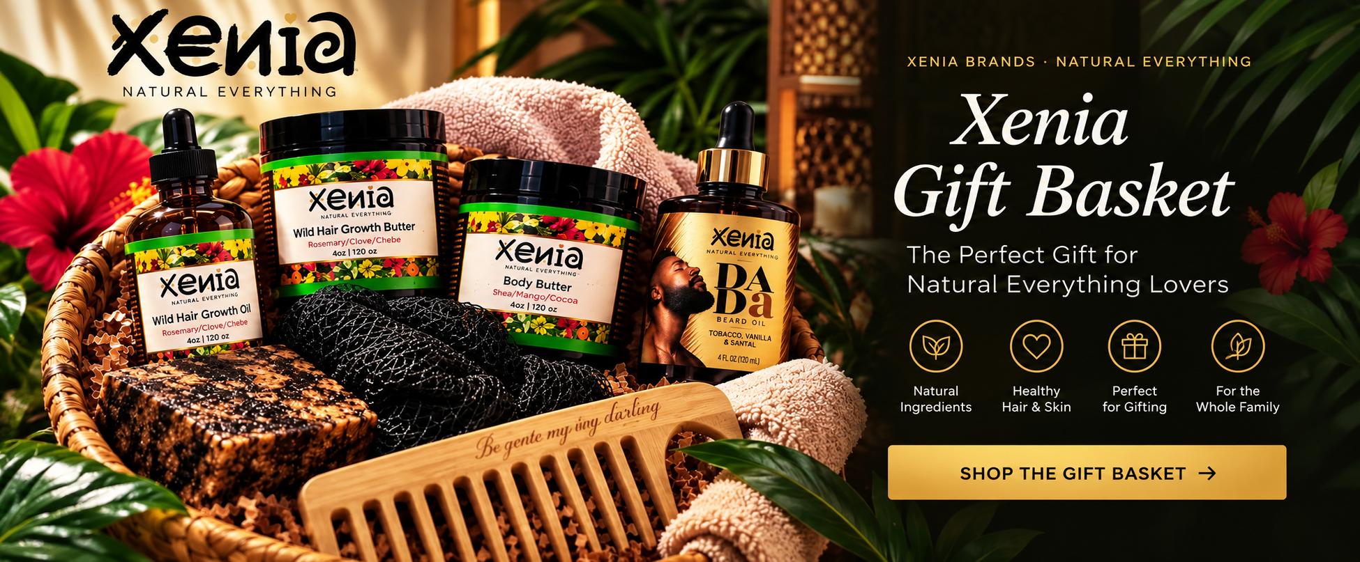 Xenia Gift Basket with natural hair and body care products, beard oil, soap and wooden comb